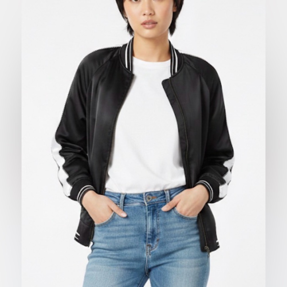 Vtg. American Eagle 90s Black White Satin Finish Zip Up Bomber Jacket Size Large